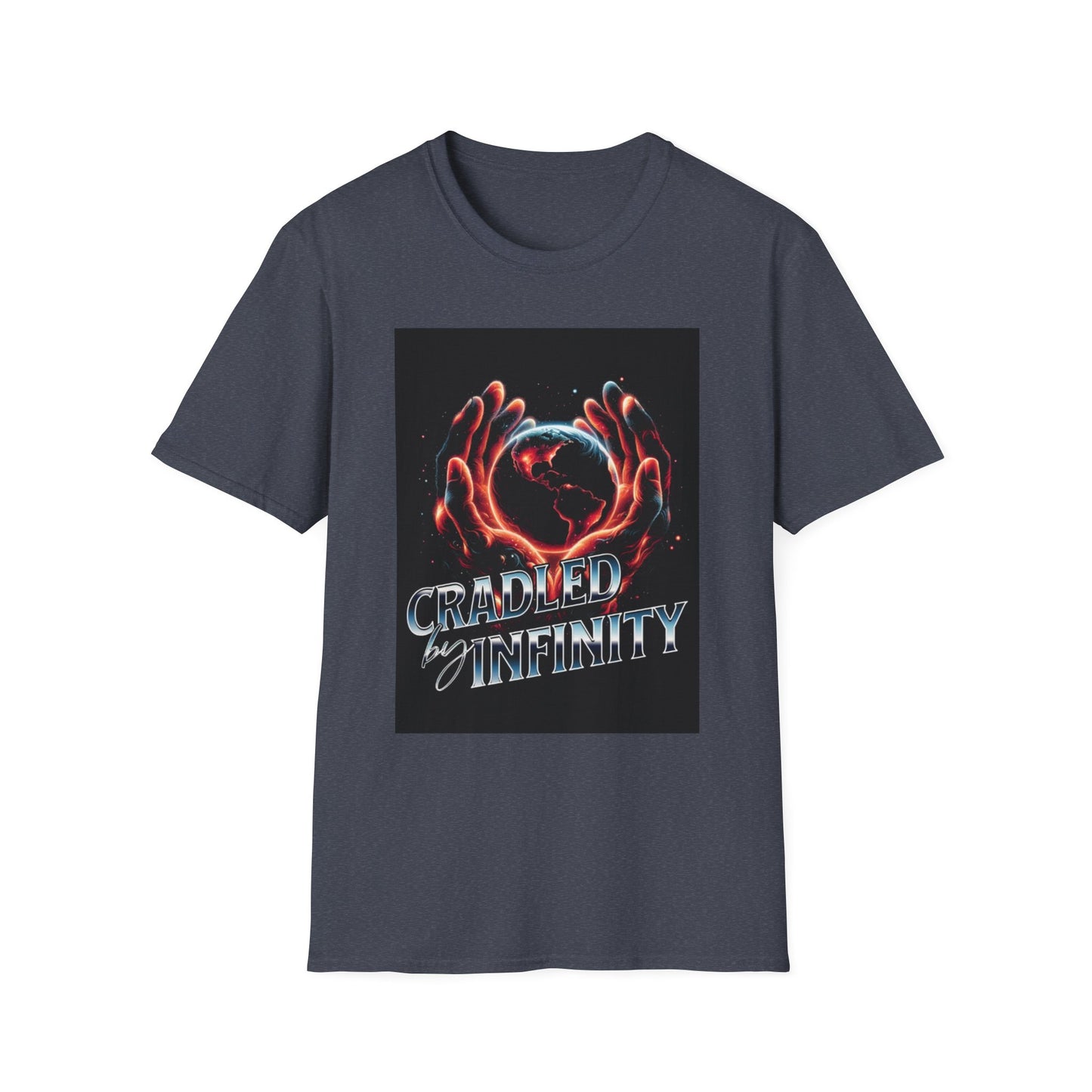 Cradled by Infinity T-Shirt, Cosmic Graphic Tee, Unisex Softstyle Shirt, Gift for Space Lovers, Fun Casual Wear, Summer Outfit