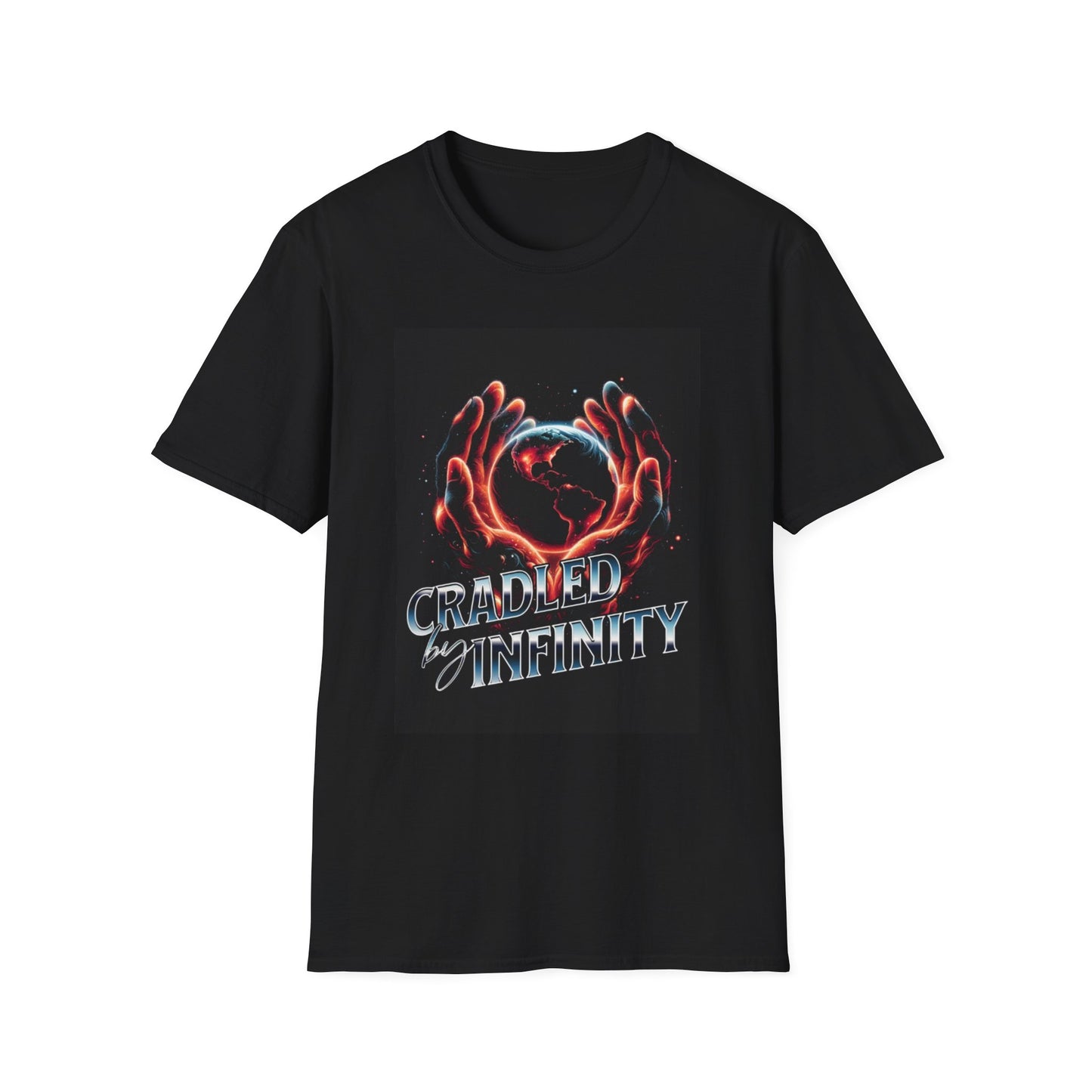 Cradled by Infinity T-Shirt, Cosmic Graphic Tee, Unisex Softstyle Shirt, Gift for Space Lovers, Fun Casual Wear, Summer Outfit
