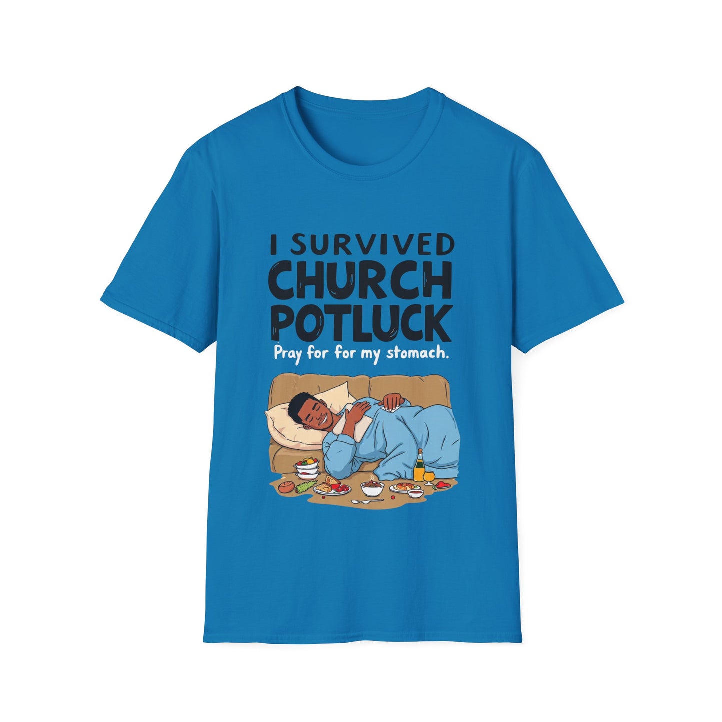 I Survived Church Potluck T-Shirt, Funny Church Shirt, Unisex Softstyle Tee, Casual Wear, Humorous Gift for Potluck Lovers