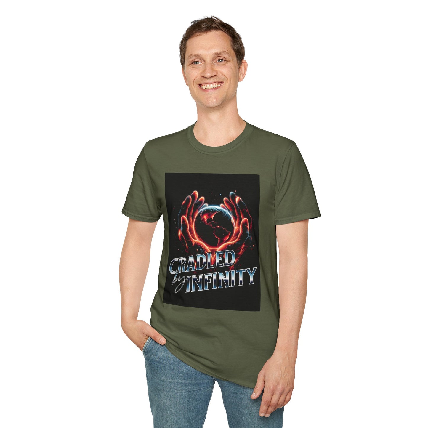 Cradled by Infinity T-Shirt, Cosmic Graphic Tee, Unisex Softstyle Shirt, Gift for Space Lovers, Fun Casual Wear, Summer Outfit