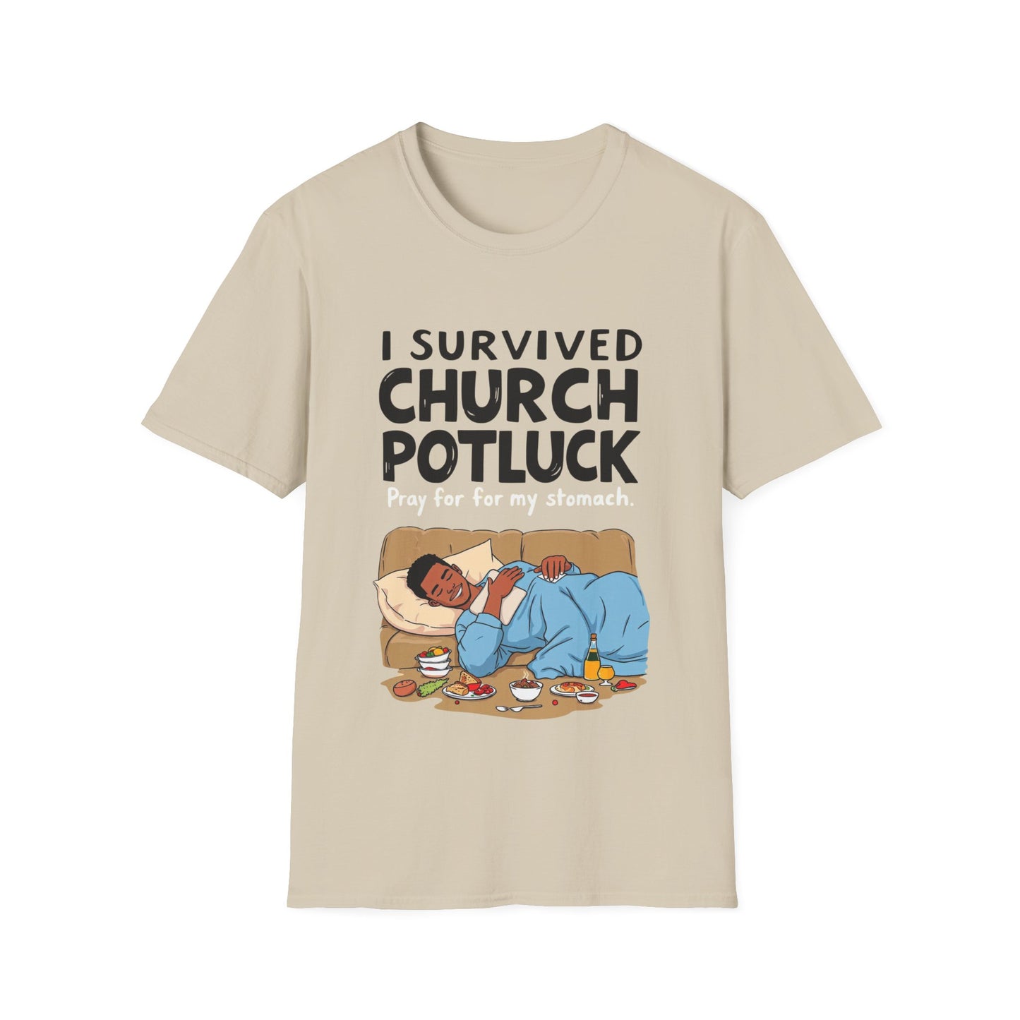 I Survived Church Potluck T-Shirt, Funny Church Shirt, Unisex Softstyle Tee, Casual Wear, Humorous Gift for Potluck Lovers
