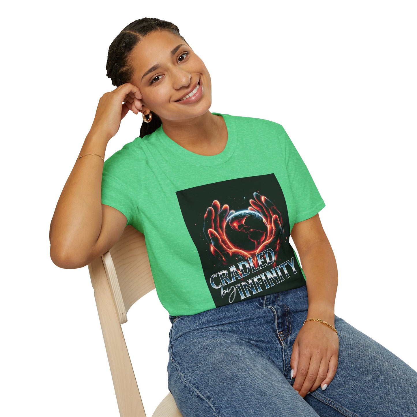 Cradled by Infinity T-Shirt, Cosmic Graphic Tee, Unisex Softstyle Shirt, Gift for Space Lovers, Fun Casual Wear, Summer Outfit