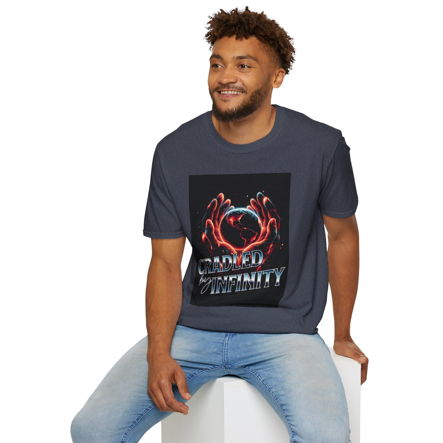 Cradled by Infinity T-Shirt, Cosmic Graphic Tee, Unisex Softstyle Shirt, Gift for Space Lovers, Fun Casual Wear, Summer Outfit