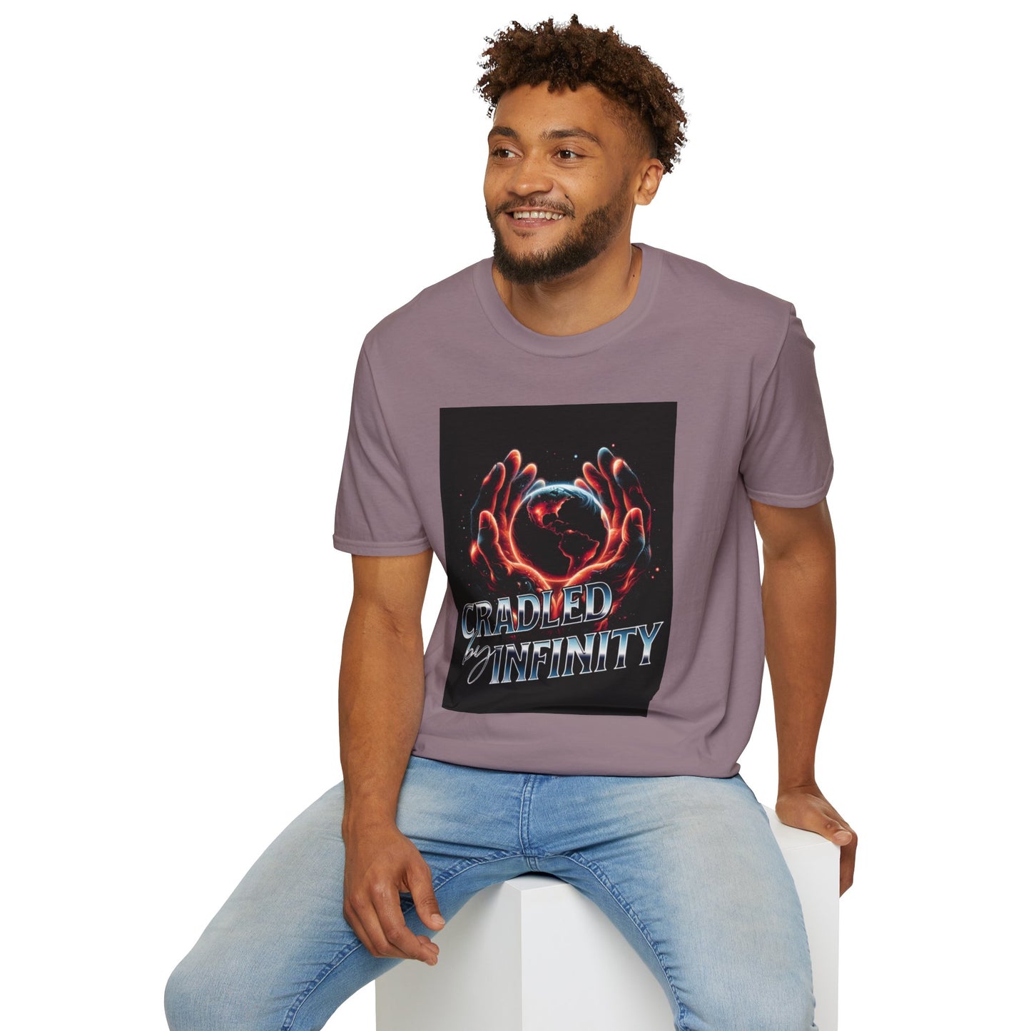 Cradled by Infinity T-Shirt, Cosmic Graphic Tee, Unisex Softstyle Shirt, Gift for Space Lovers, Fun Casual Wear, Summer Outfit