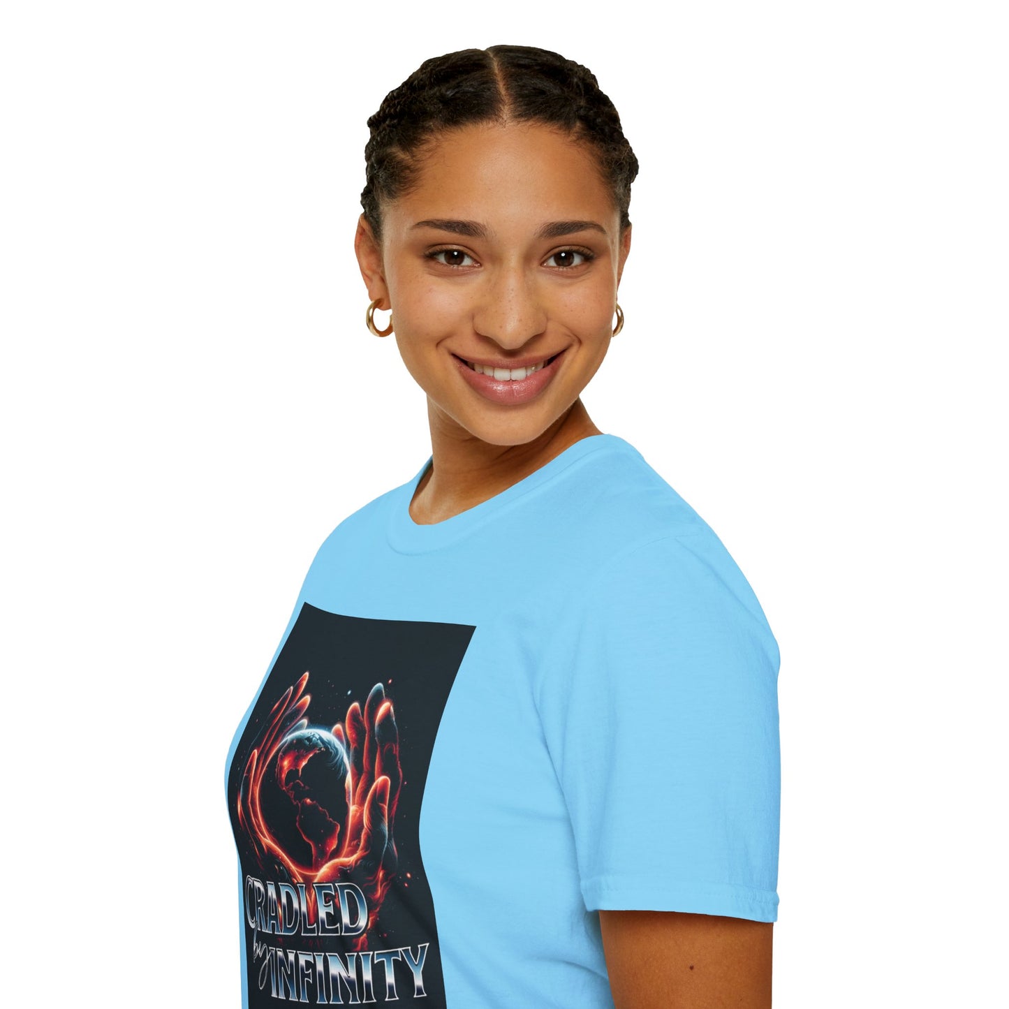 Cradled by Infinity T-Shirt, Cosmic Graphic Tee, Unisex Softstyle Shirt, Gift for Space Lovers, Fun Casual Wear, Summer Outfit