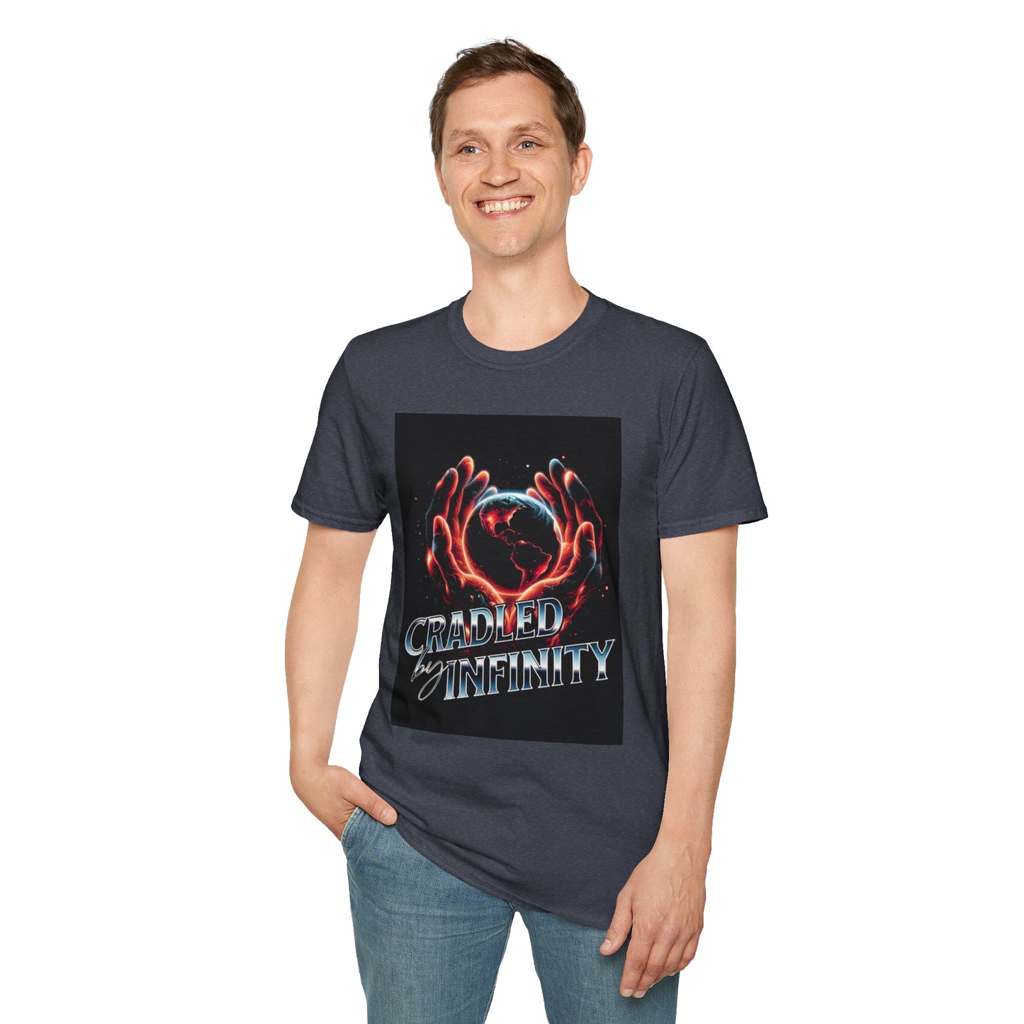 Cradled by Infinity T-Shirt, Cosmic Graphic Tee, Unisex Softstyle Shirt, Gift for Space Lovers, Fun Casual Wear, Summer Outfit