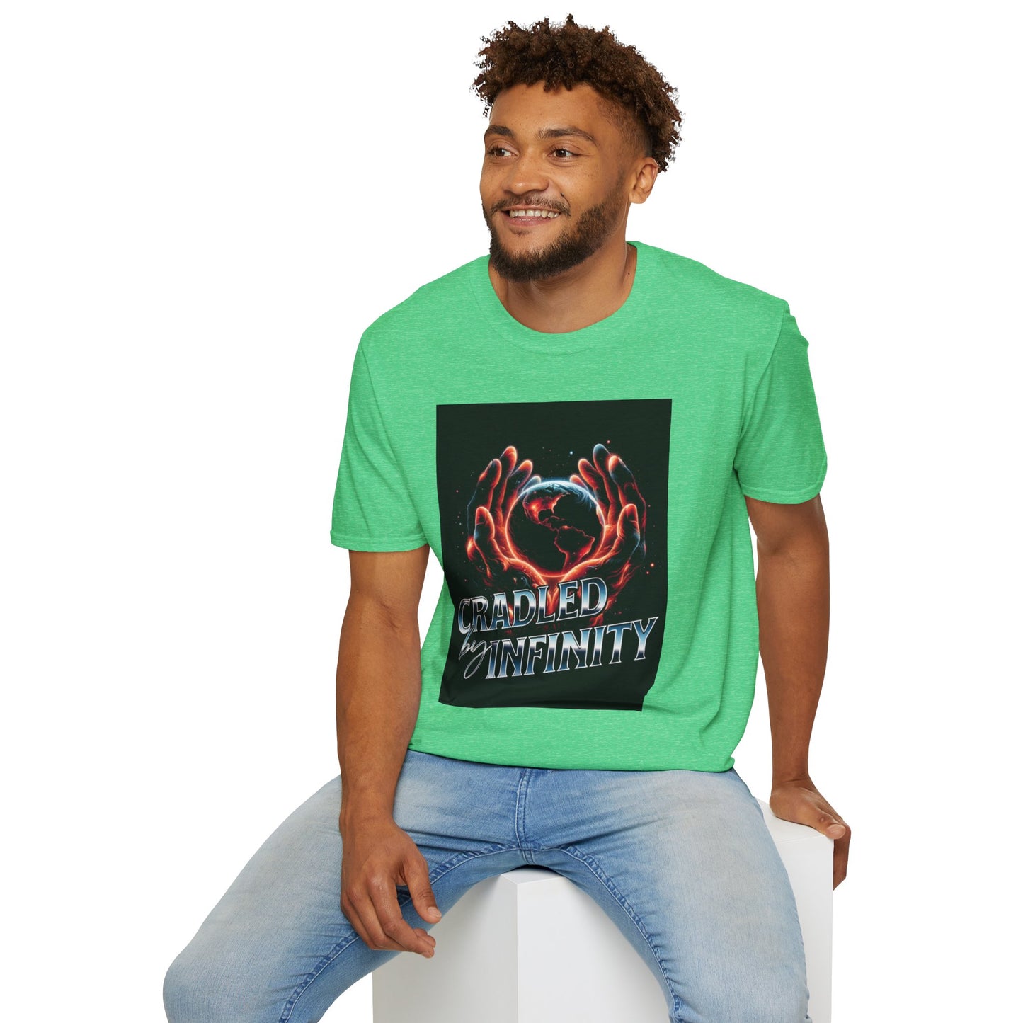 Cradled by Infinity T-Shirt, Cosmic Graphic Tee, Unisex Softstyle Shirt, Gift for Space Lovers, Fun Casual Wear, Summer Outfit