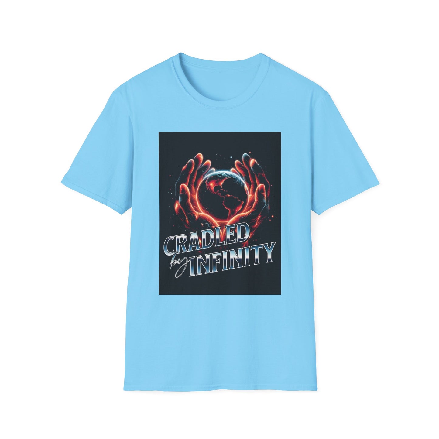 Cradled by Infinity T-Shirt, Cosmic Graphic Tee, Unisex Softstyle Shirt, Gift for Space Lovers, Fun Casual Wear, Summer Outfit