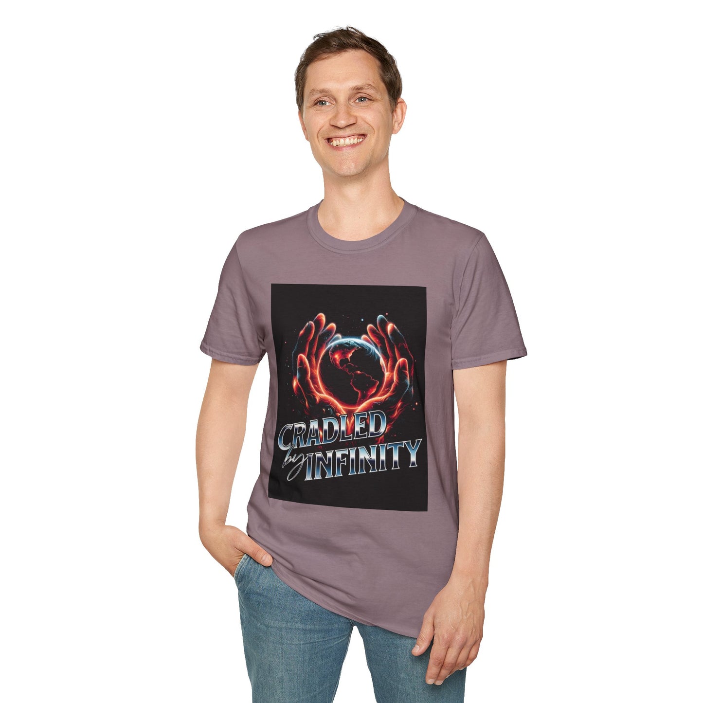 Cradled by Infinity T-Shirt, Cosmic Graphic Tee, Unisex Softstyle Shirt, Gift for Space Lovers, Fun Casual Wear, Summer Outfit