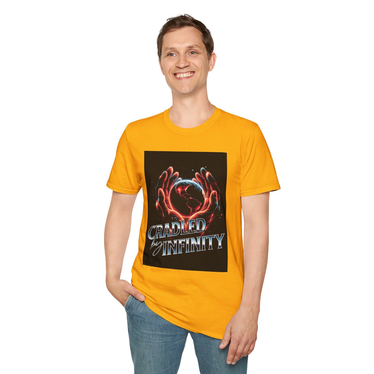 Cradled by Infinity T-Shirt, Cosmic Graphic Tee, Unisex Softstyle Shirt, Gift for Space Lovers, Fun Casual Wear, Summer Outfit