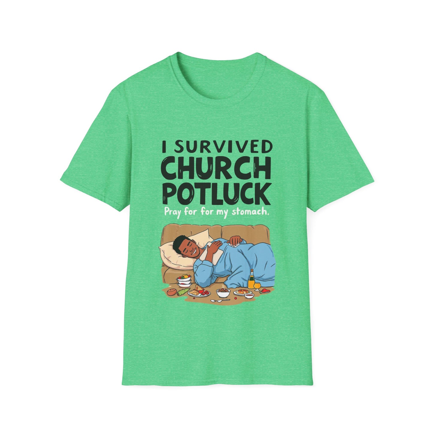 I Survived Church Potluck T-Shirt, Funny Church Shirt, Unisex Softstyle Tee, Casual Wear, Humorous Gift for Potluck Lovers
