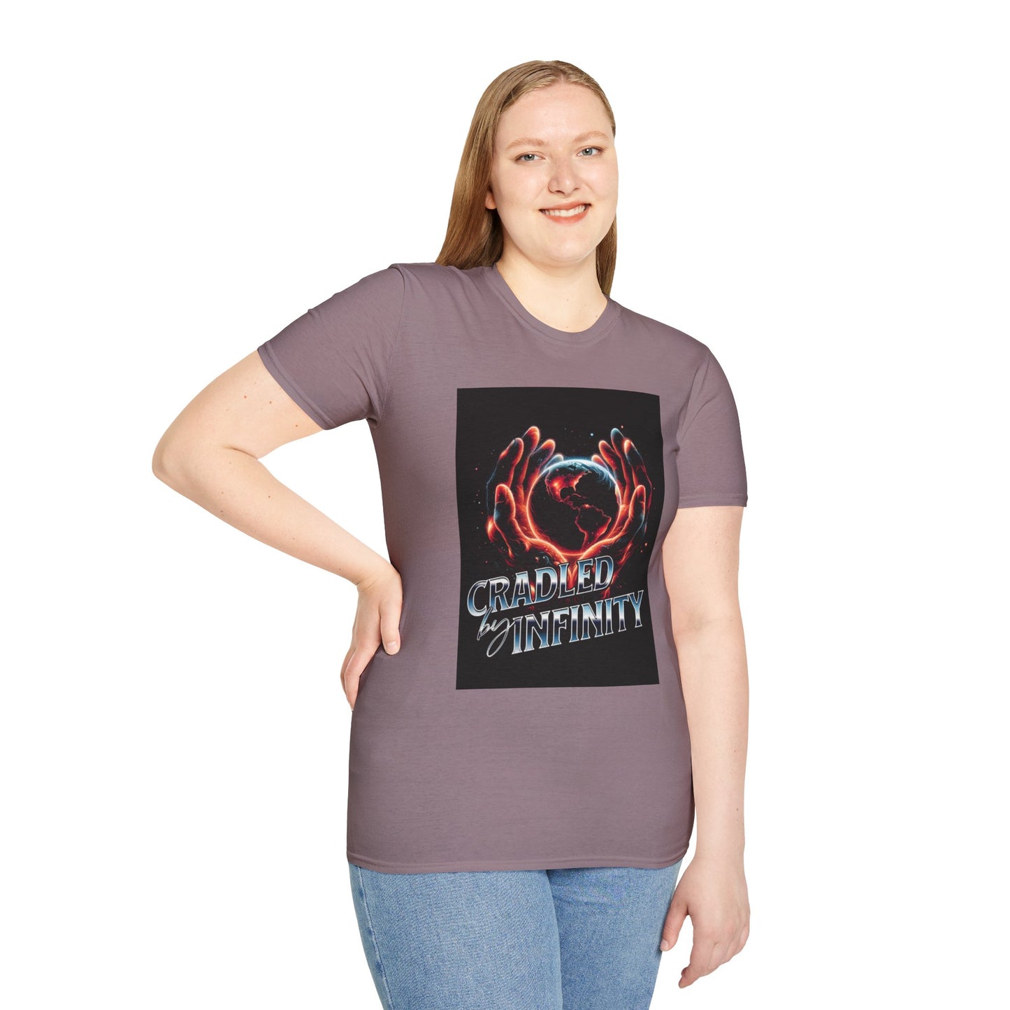 Cradled by Infinity T-Shirt, Cosmic Graphic Tee, Unisex Softstyle Shirt, Gift for Space Lovers, Fun Casual Wear, Summer Outfit