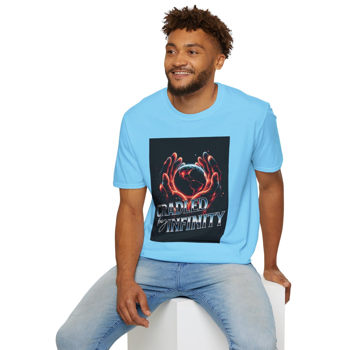 Cradled by Infinity T-Shirt, Cosmic Graphic Tee, Unisex Softstyle Shirt, Gift for Space Lovers, Fun Casual Wear, Summer Outfit
