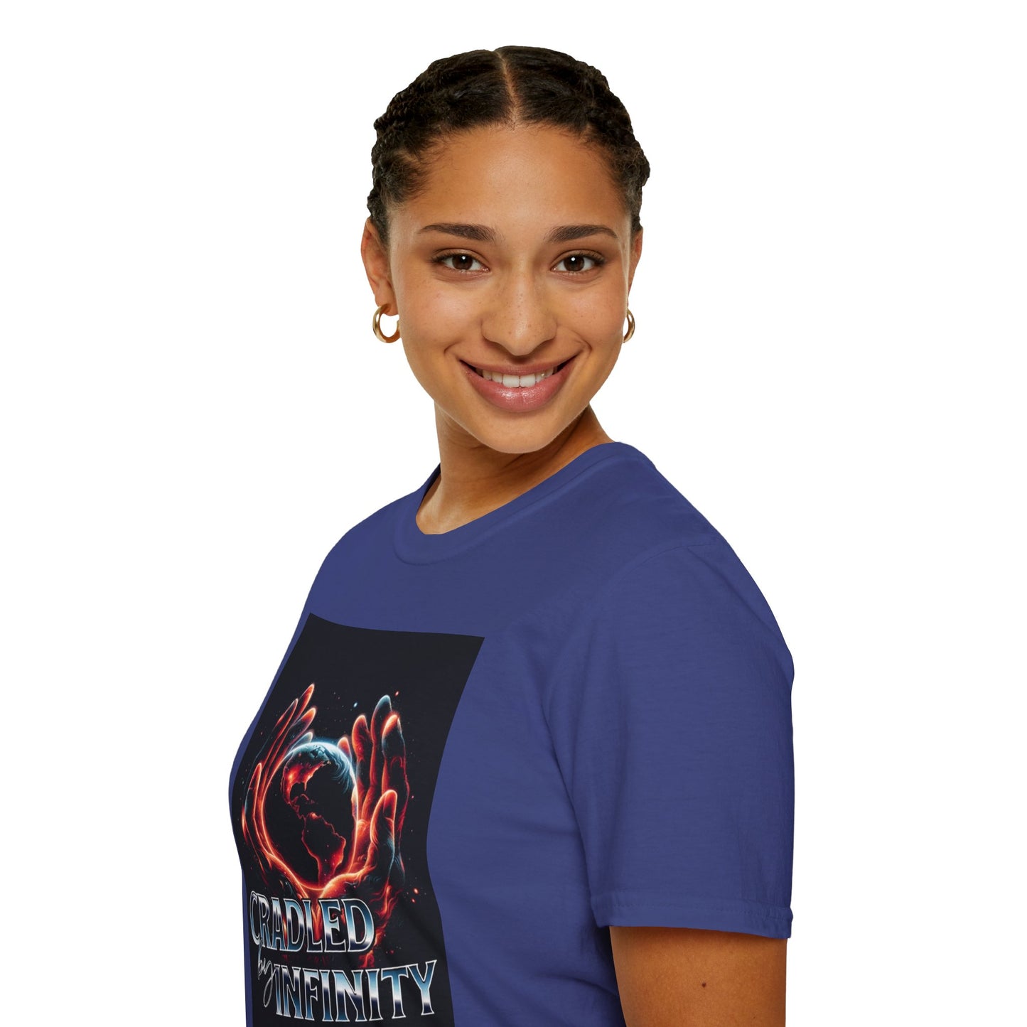 Cradled by Infinity T-Shirt, Cosmic Graphic Tee, Unisex Softstyle Shirt, Gift for Space Lovers, Fun Casual Wear, Summer Outfit
