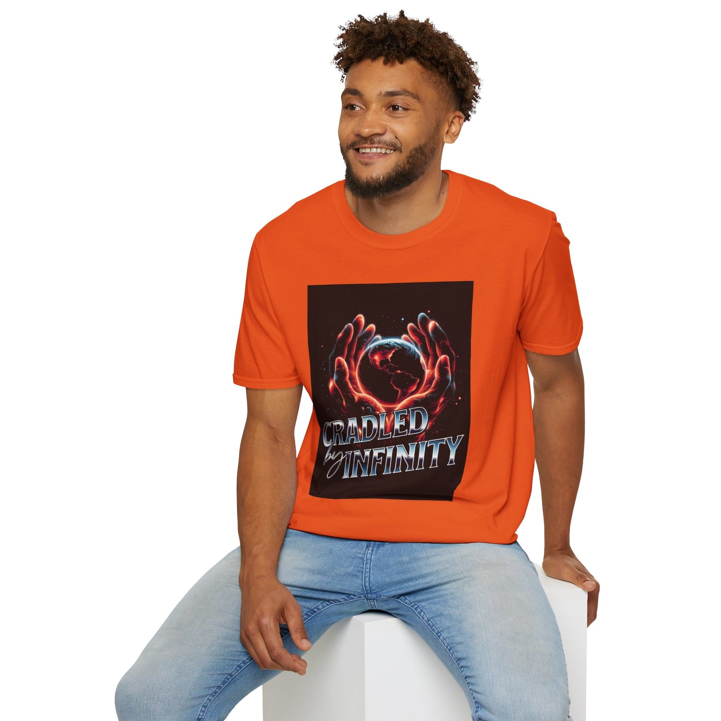 Cradled by Infinity T-Shirt, Cosmic Graphic Tee, Unisex Softstyle Shirt, Gift for Space Lovers, Fun Casual Wear, Summer Outfit