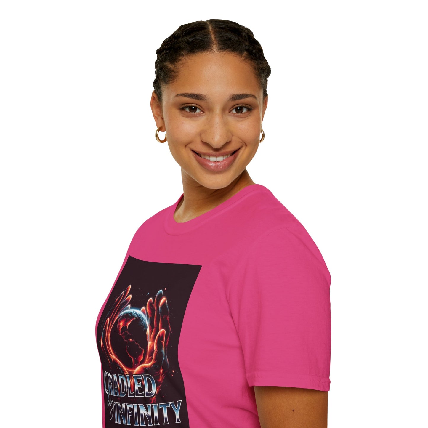 Cradled by Infinity T-Shirt, Cosmic Graphic Tee, Unisex Softstyle Shirt, Gift for Space Lovers, Fun Casual Wear, Summer Outfit