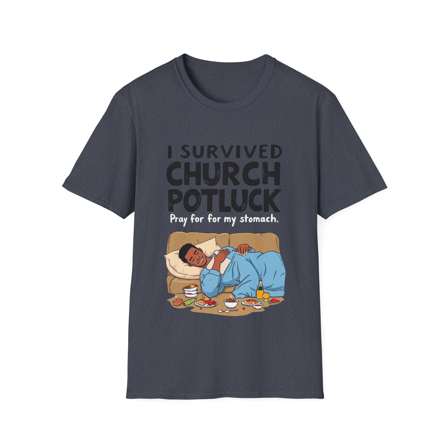 I Survived Church Potluck T-Shirt, Funny Church Shirt, Unisex Softstyle Tee, Casual Wear, Humorous Gift for Potluck Lovers