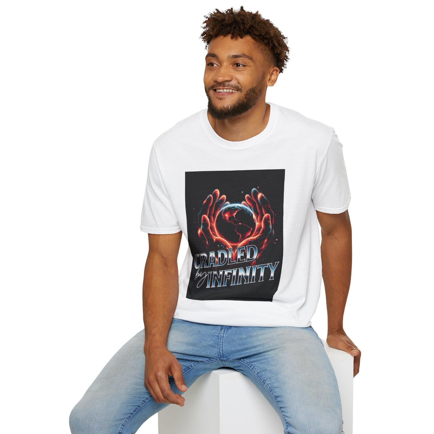 Cradled by Infinity T-Shirt, Cosmic Graphic Tee, Unisex Softstyle Shirt, Gift for Space Lovers, Fun Casual Wear, Summer Outfit