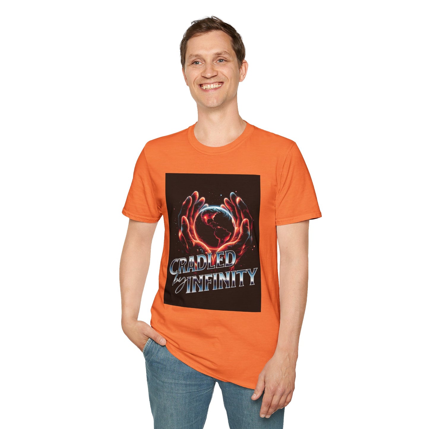 Cradled by Infinity T-Shirt, Cosmic Graphic Tee, Unisex Softstyle Shirt, Gift for Space Lovers, Fun Casual Wear, Summer Outfit