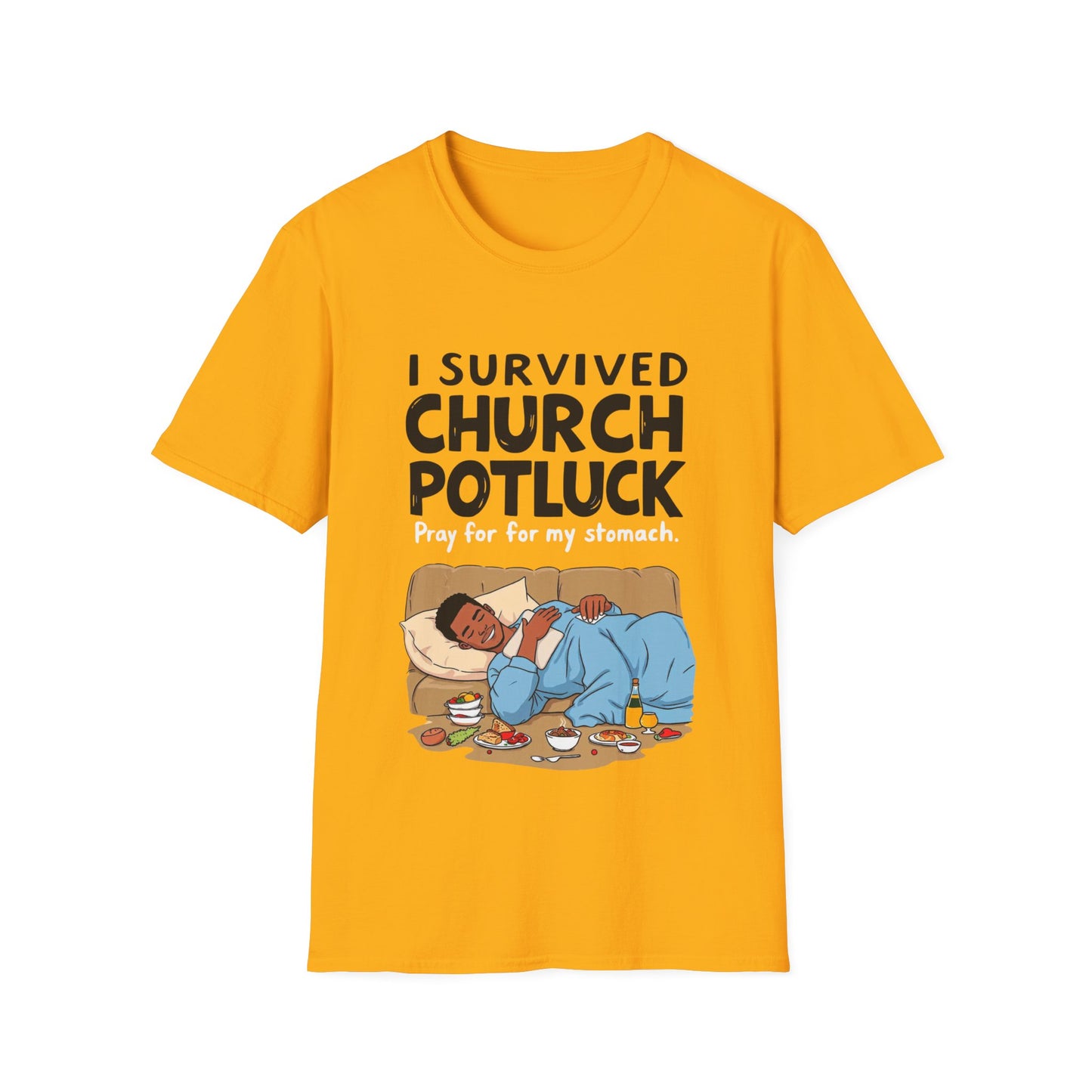 I Survived Church Potluck T-Shirt, Funny Church Shirt, Unisex Softstyle Tee, Casual Wear, Humorous Gift for Potluck Lovers