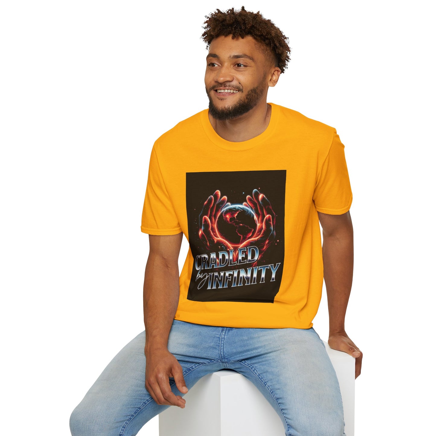 Cradled by Infinity T-Shirt, Cosmic Graphic Tee, Unisex Softstyle Shirt, Gift for Space Lovers, Fun Casual Wear, Summer Outfit