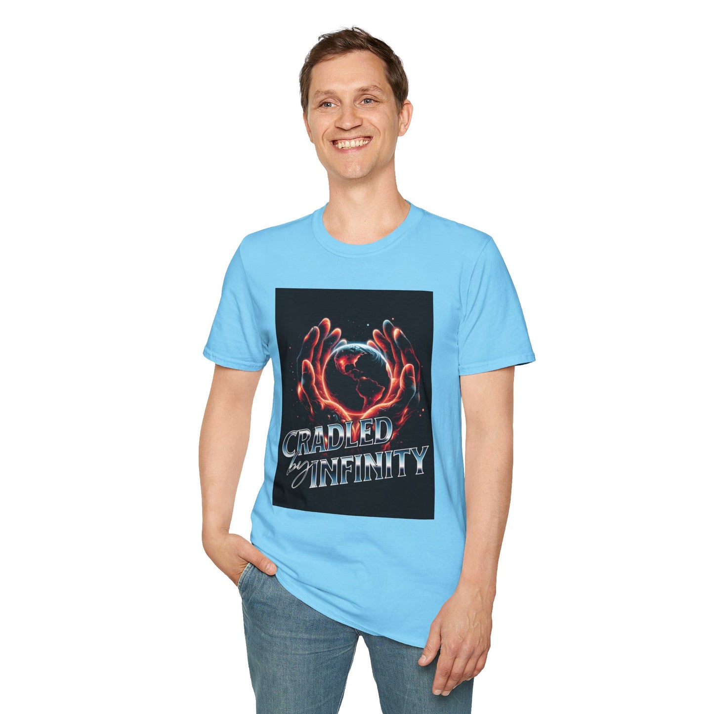 Cradled by Infinity T-Shirt, Cosmic Graphic Tee, Unisex Softstyle Shirt, Gift for Space Lovers, Fun Casual Wear, Summer Outfit