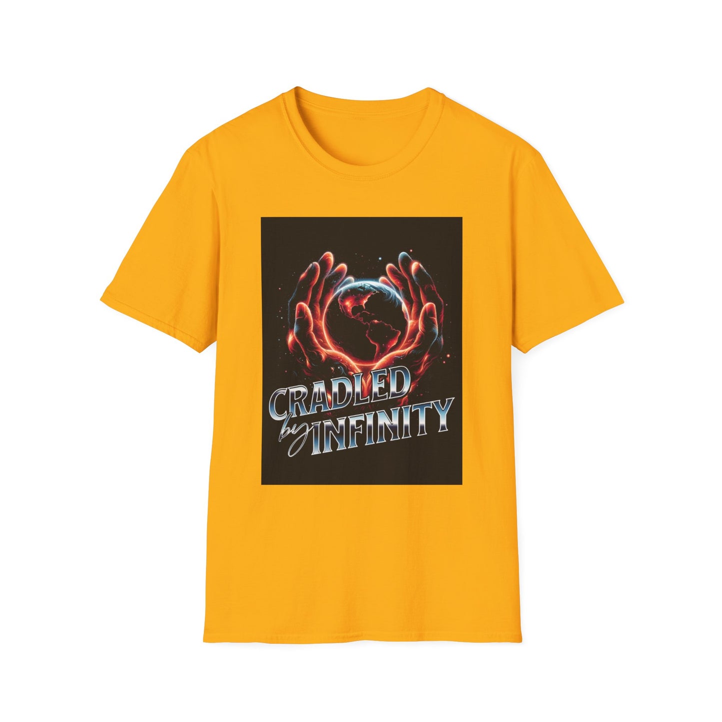 Cradled by Infinity T-Shirt, Cosmic Graphic Tee, Unisex Softstyle Shirt, Gift for Space Lovers, Fun Casual Wear, Summer Outfit