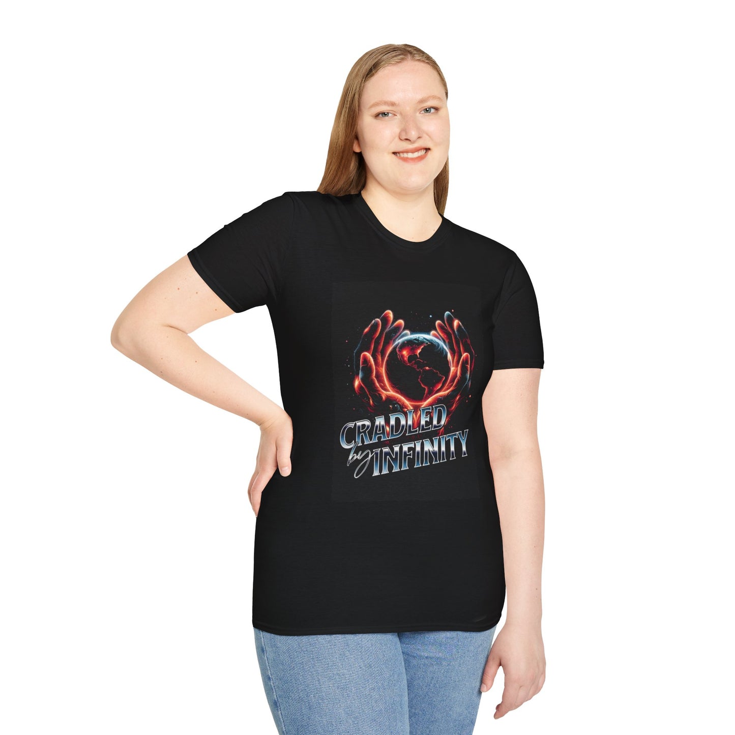 Cradled by Infinity T-Shirt, Cosmic Graphic Tee, Unisex Softstyle Shirt, Gift for Space Lovers, Fun Casual Wear, Summer Outfit