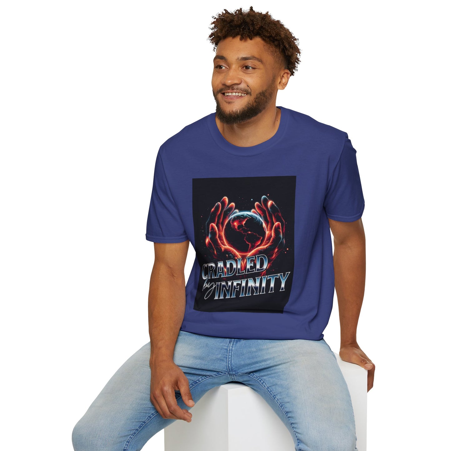 Cradled by Infinity T-Shirt, Cosmic Graphic Tee, Unisex Softstyle Shirt, Gift for Space Lovers, Fun Casual Wear, Summer Outfit