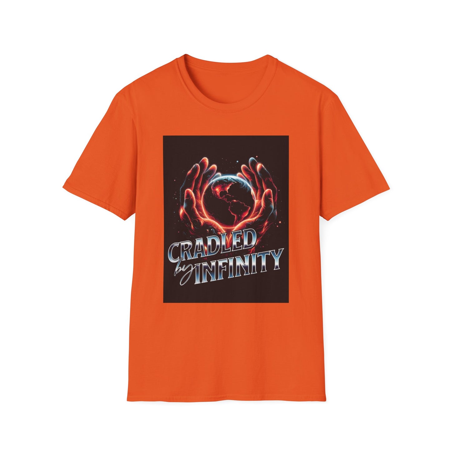 Cradled by Infinity T-Shirt, Cosmic Graphic Tee, Unisex Softstyle Shirt, Gift for Space Lovers, Fun Casual Wear, Summer Outfit
