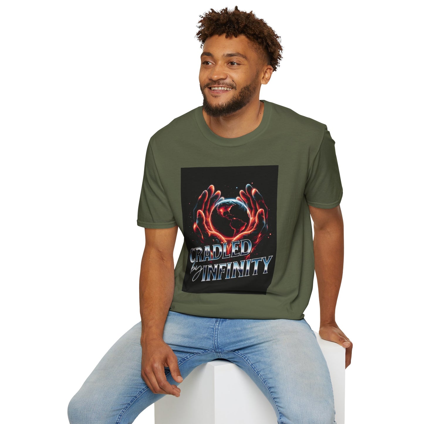 Cradled by Infinity T-Shirt, Cosmic Graphic Tee, Unisex Softstyle Shirt, Gift for Space Lovers, Fun Casual Wear, Summer Outfit