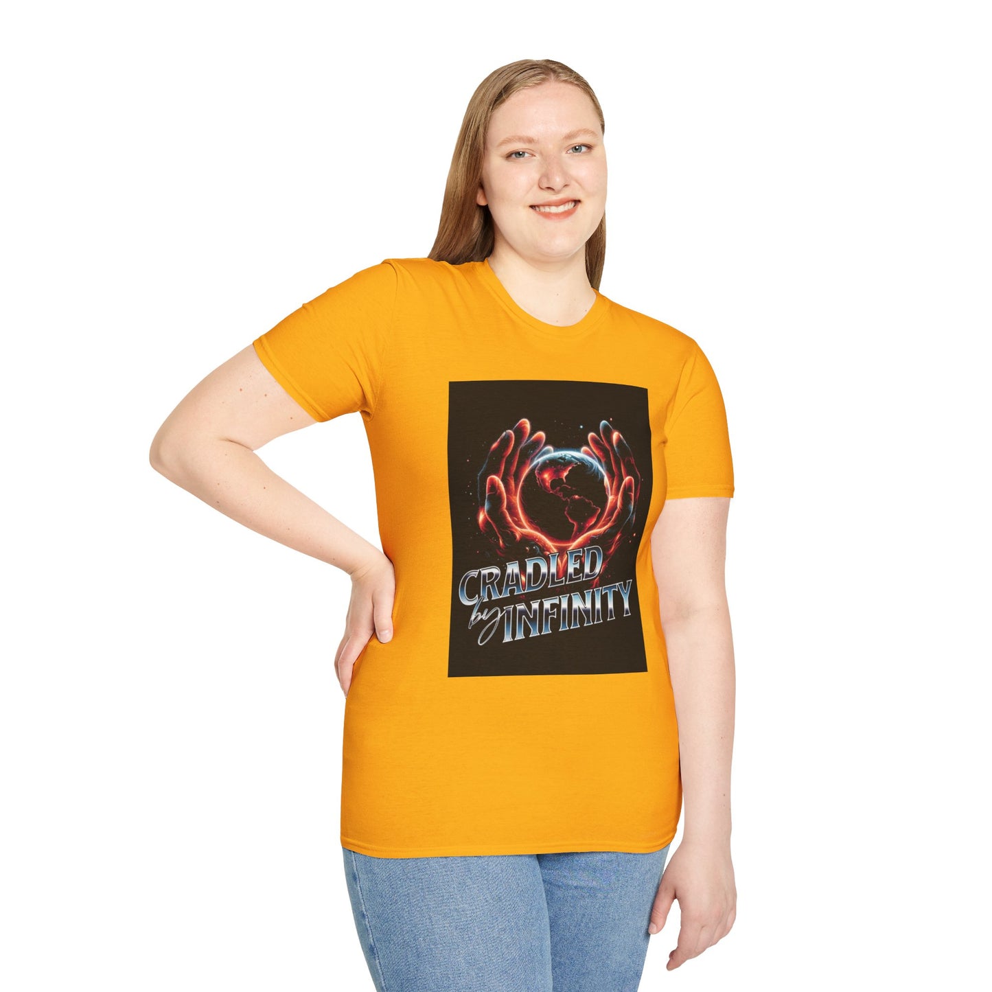 Cradled by Infinity T-Shirt, Cosmic Graphic Tee, Unisex Softstyle Shirt, Gift for Space Lovers, Fun Casual Wear, Summer Outfit