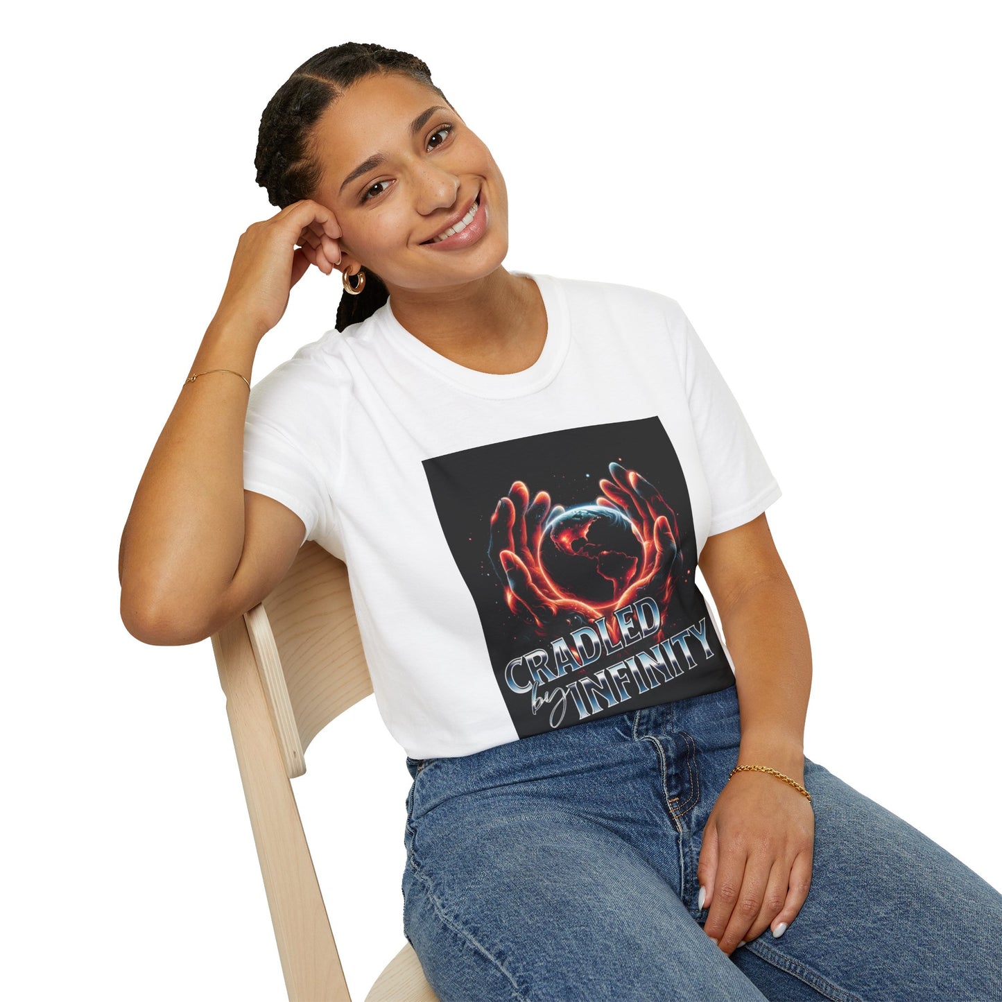 Cradled by Infinity T-Shirt, Cosmic Graphic Tee, Unisex Softstyle Shirt, Gift for Space Lovers, Fun Casual Wear, Summer Outfit