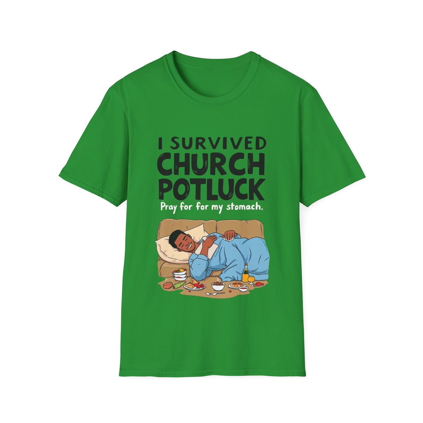 I Survived Church Potluck T-Shirt, Funny Church Shirt, Unisex Softstyle Tee, Casual Wear, Humorous Gift for Potluck Lovers
