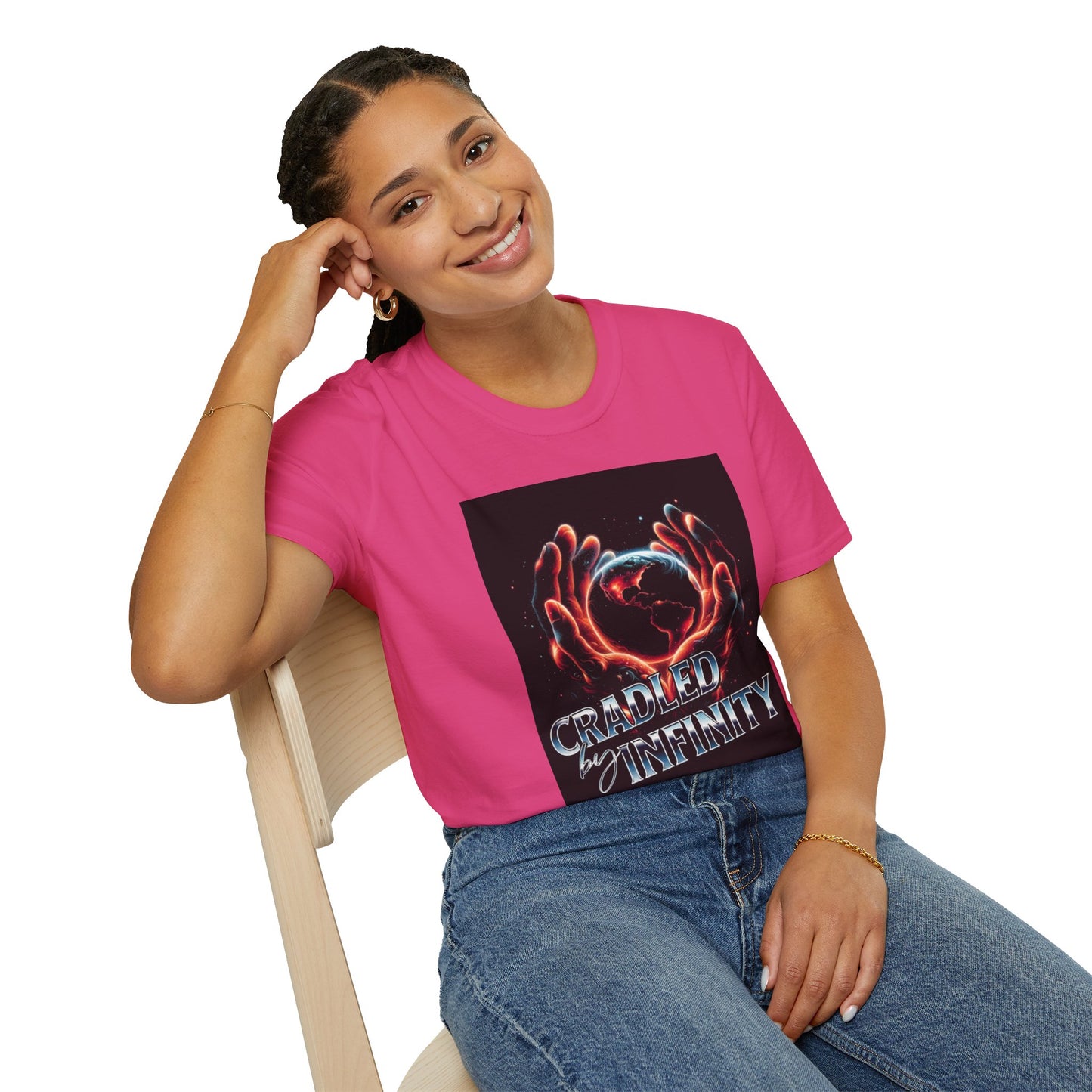 Cradled by Infinity T-Shirt, Cosmic Graphic Tee, Unisex Softstyle Shirt, Gift for Space Lovers, Fun Casual Wear, Summer Outfit