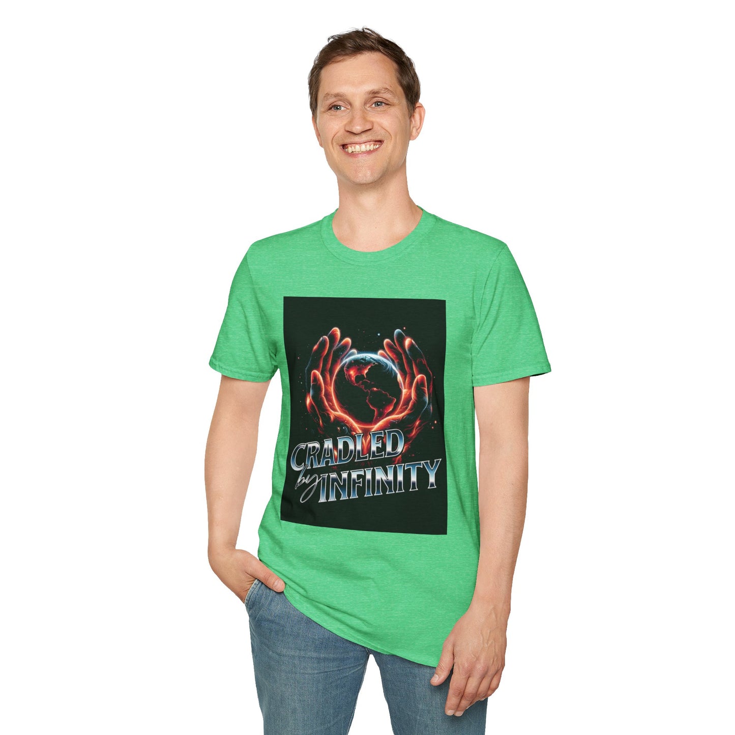 Cradled by Infinity T-Shirt, Cosmic Graphic Tee, Unisex Softstyle Shirt, Gift for Space Lovers, Fun Casual Wear, Summer Outfit