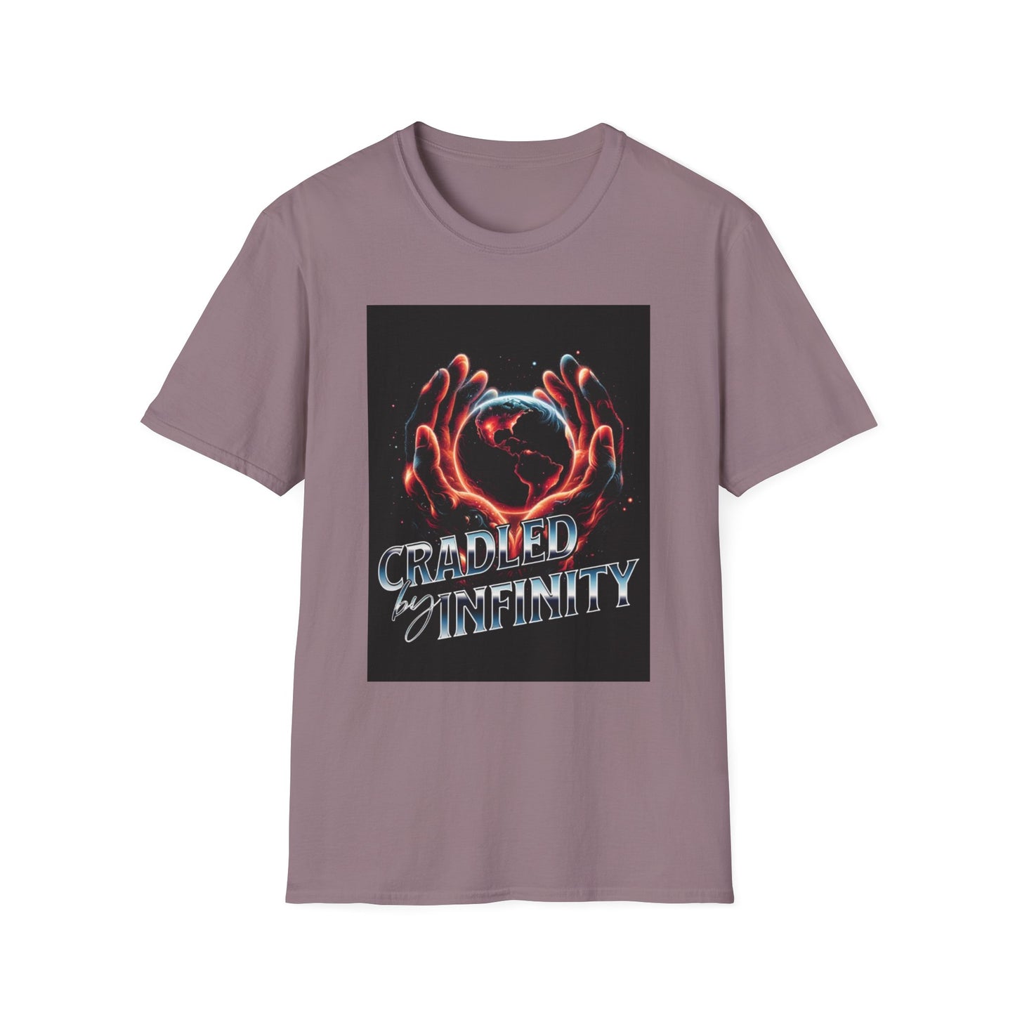 Cradled by Infinity T-Shirt, Cosmic Graphic Tee, Unisex Softstyle Shirt, Gift for Space Lovers, Fun Casual Wear, Summer Outfit