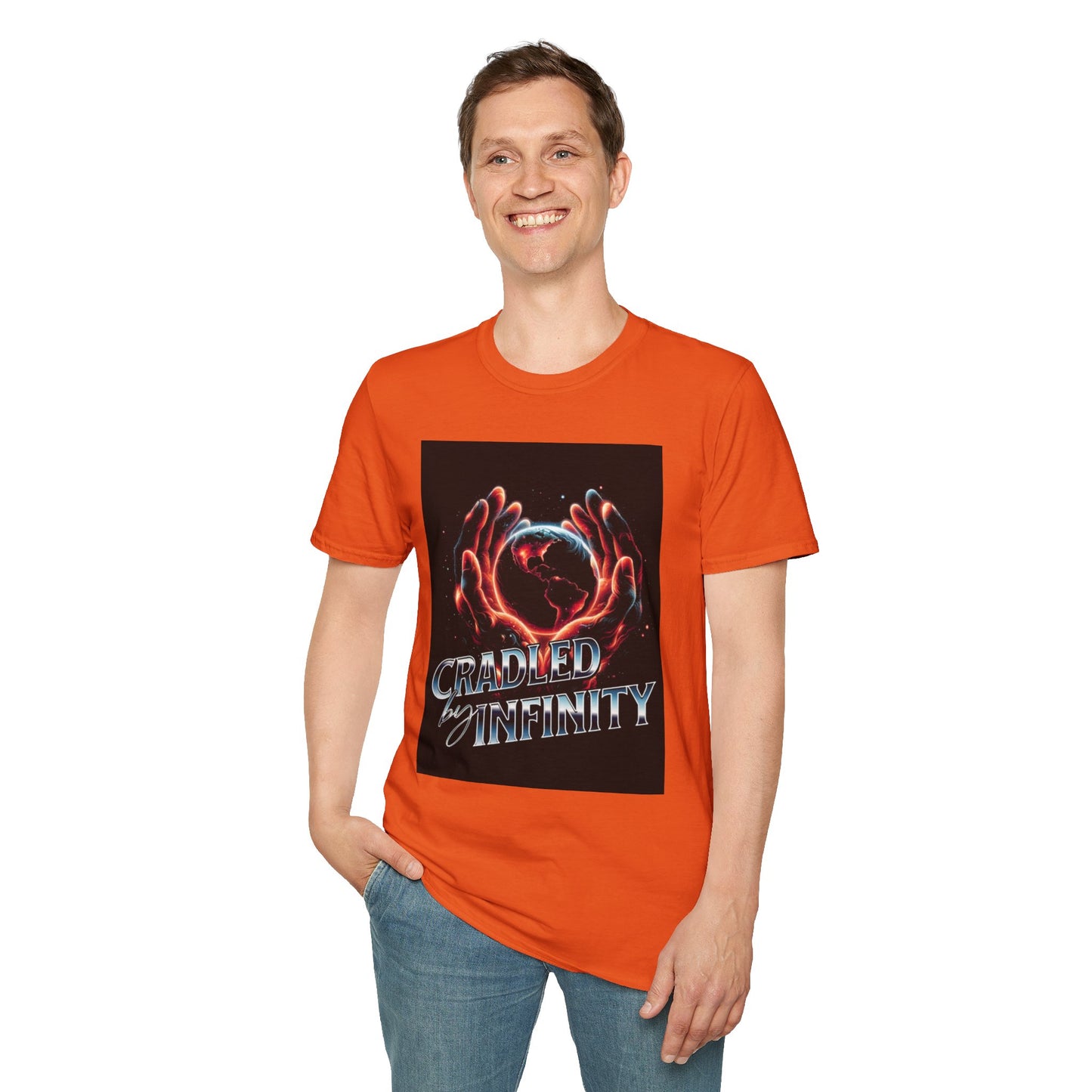 Cradled by Infinity T-Shirt, Cosmic Graphic Tee, Unisex Softstyle Shirt, Gift for Space Lovers, Fun Casual Wear, Summer Outfit
