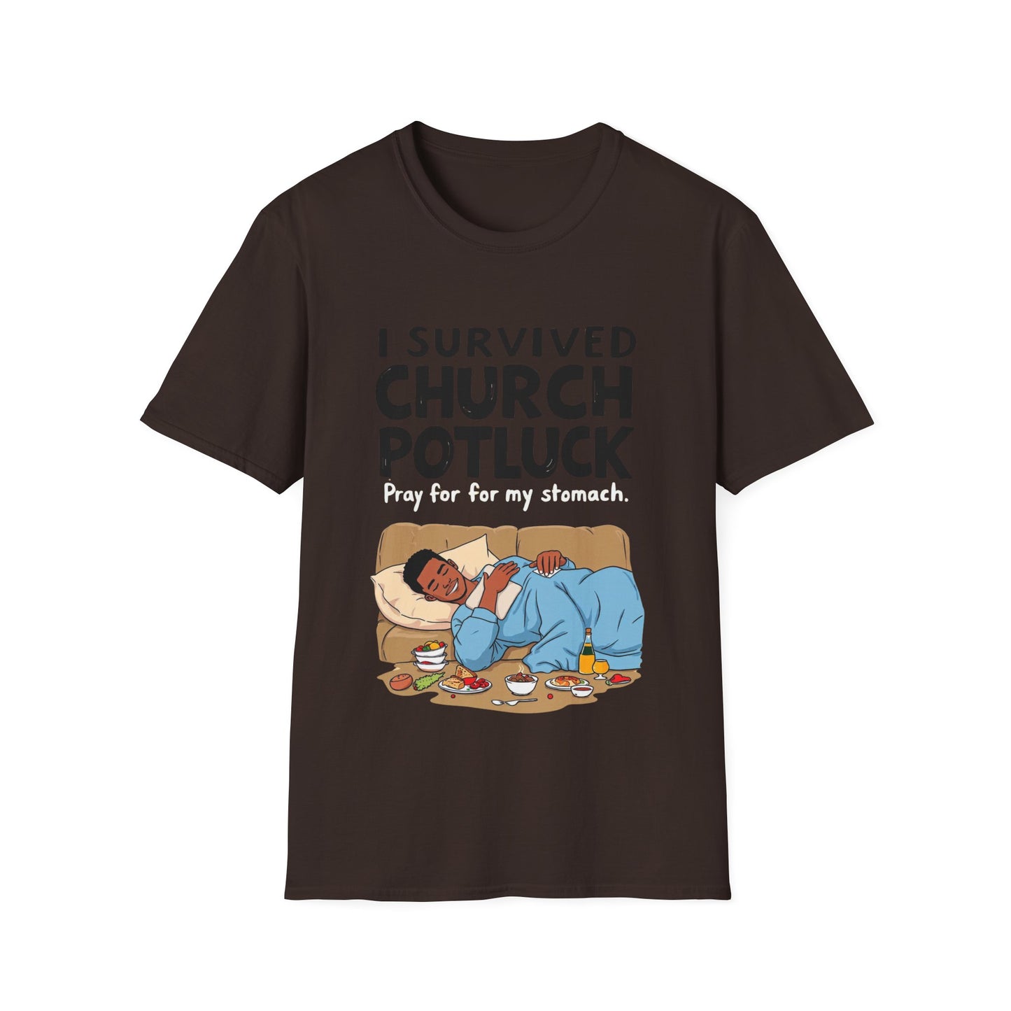 I Survived Church Potluck T-Shirt, Funny Church Shirt, Unisex Softstyle Tee, Casual Wear, Humorous Gift for Potluck Lovers