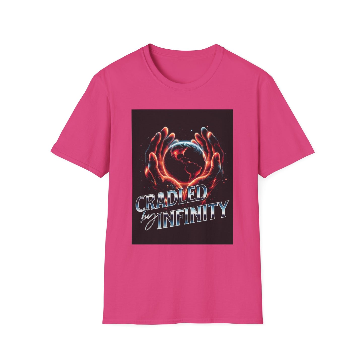 Cradled by Infinity T-Shirt, Cosmic Graphic Tee, Unisex Softstyle Shirt, Gift for Space Lovers, Fun Casual Wear, Summer Outfit