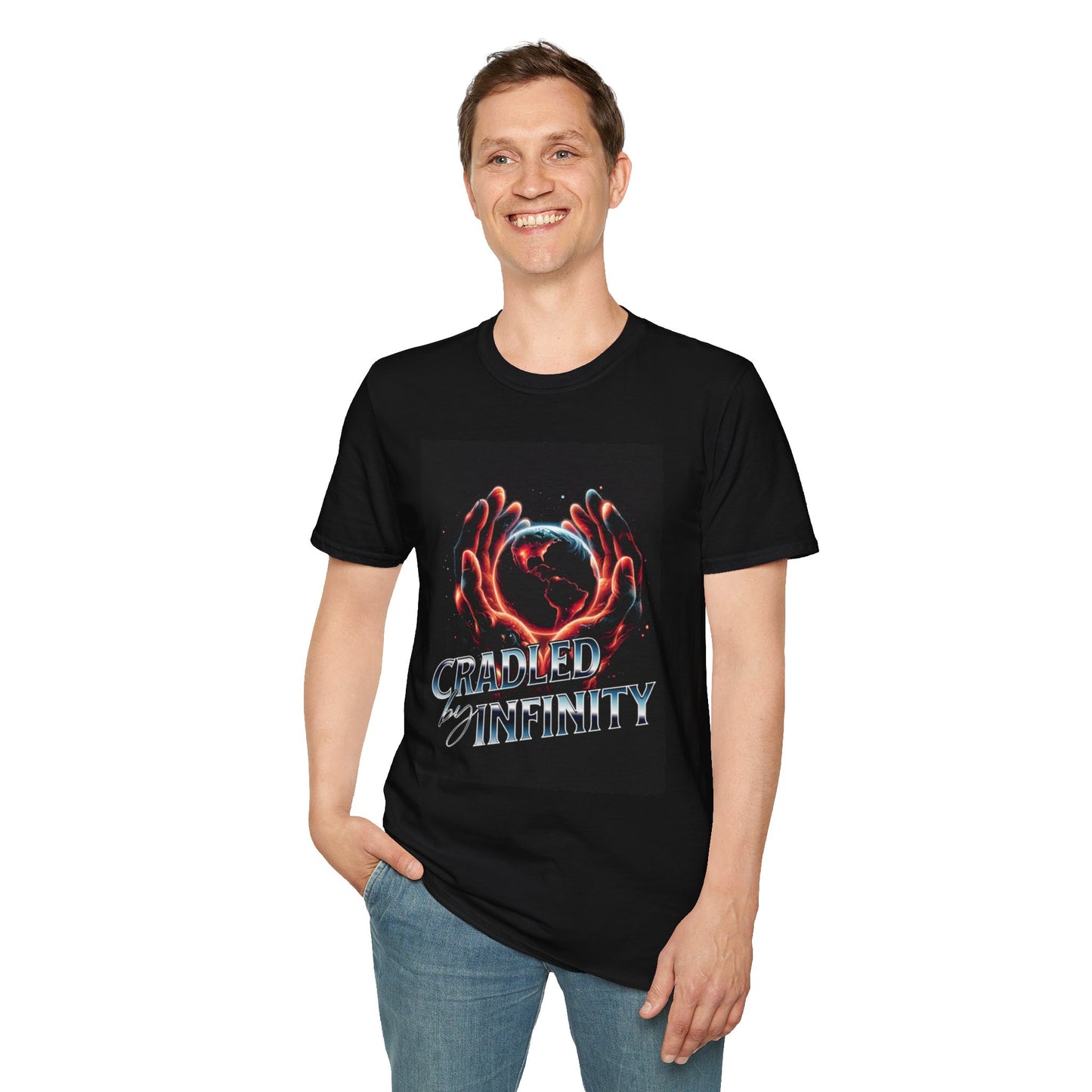 Cradled by Infinity T-Shirt, Cosmic Graphic Tee, Unisex Softstyle Shirt, Gift for Space Lovers, Fun Casual Wear, Summer Outfit