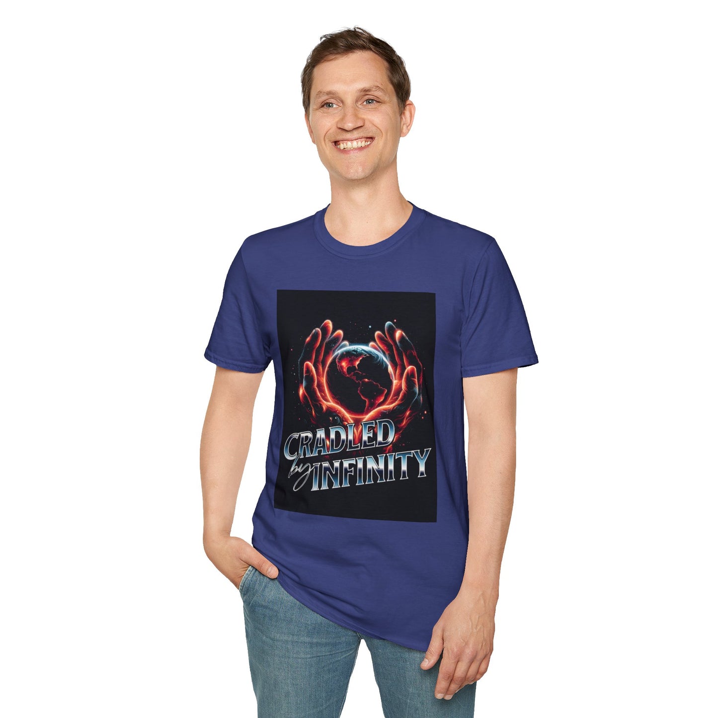 Cradled by Infinity T-Shirt, Cosmic Graphic Tee, Unisex Softstyle Shirt, Gift for Space Lovers, Fun Casual Wear, Summer Outfit