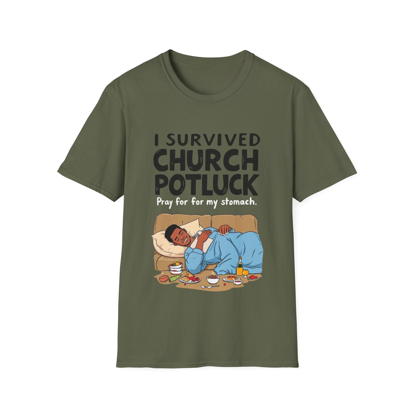 I Survived Church Potluck T-Shirt, Funny Church Shirt, Unisex Softstyle Tee, Casual Wear, Humorous Gift for Potluck Lovers