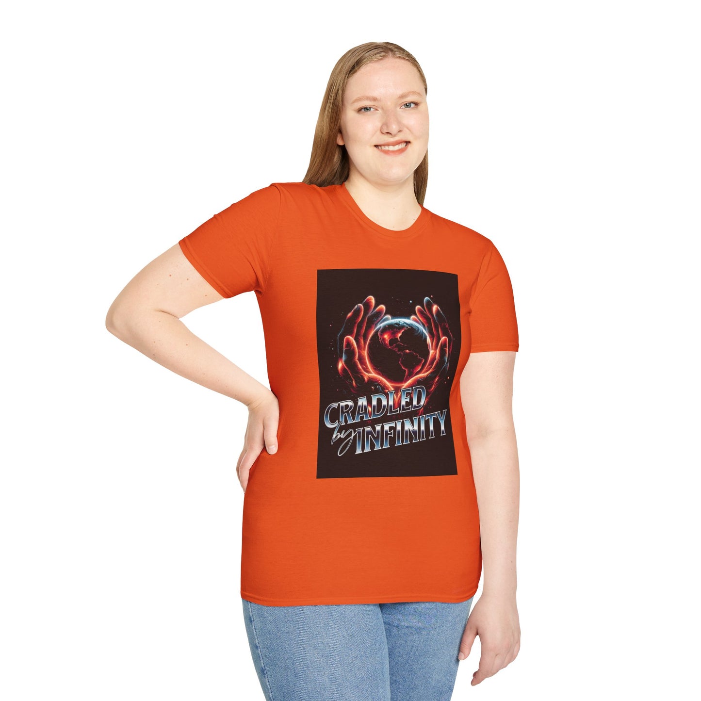 Cradled by Infinity T-Shirt, Cosmic Graphic Tee, Unisex Softstyle Shirt, Gift for Space Lovers, Fun Casual Wear, Summer Outfit
