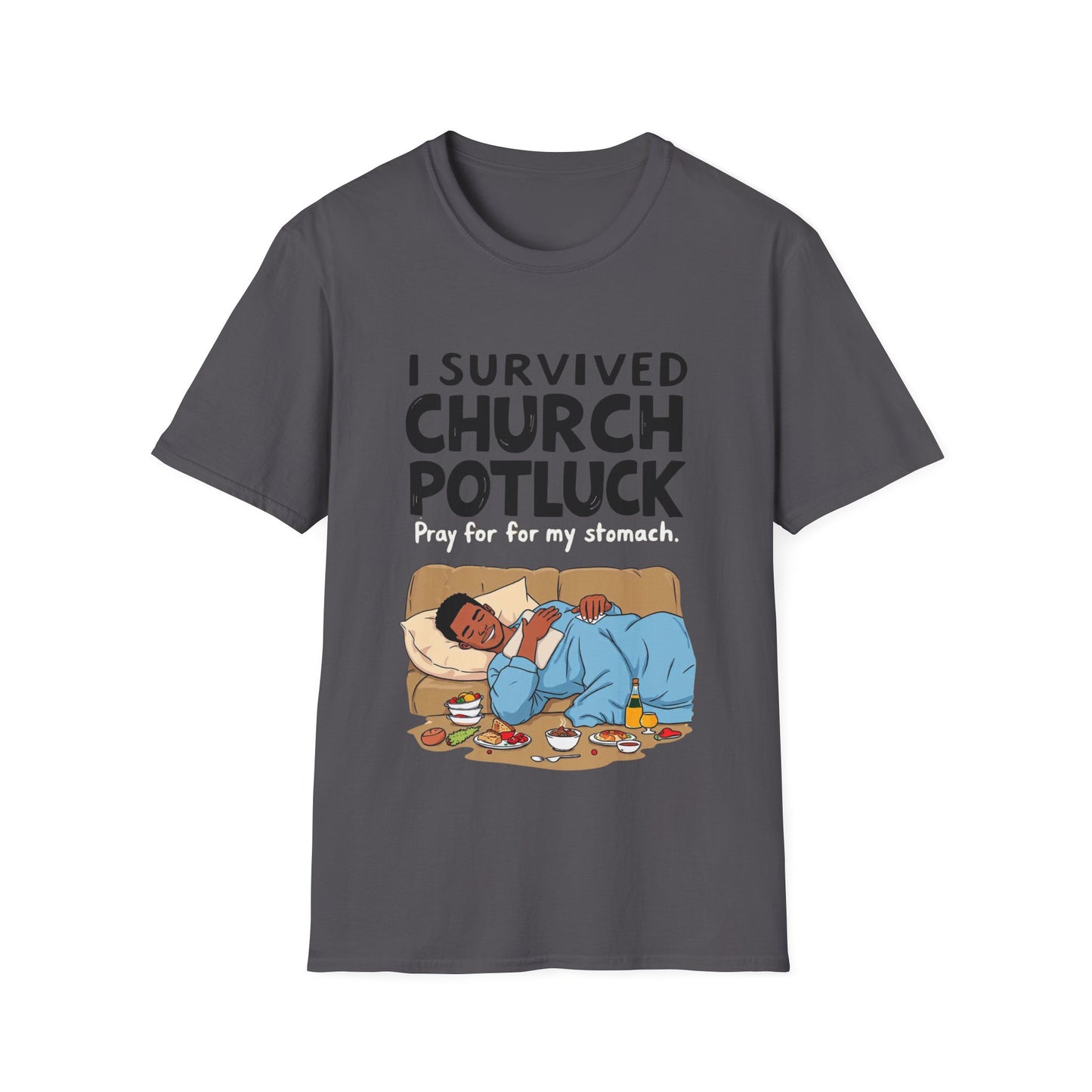 I Survived Church Potluck T-Shirt, Funny Church Shirt, Unisex Softstyle Tee, Casual Wear, Humorous Gift for Potluck Lovers