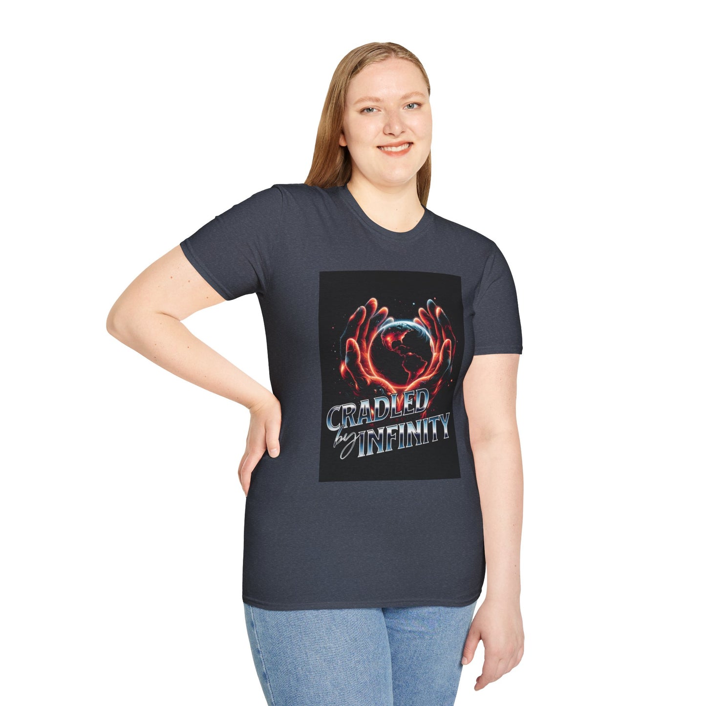 Cradled by Infinity T-Shirt, Cosmic Graphic Tee, Unisex Softstyle Shirt, Gift for Space Lovers, Fun Casual Wear, Summer Outfit