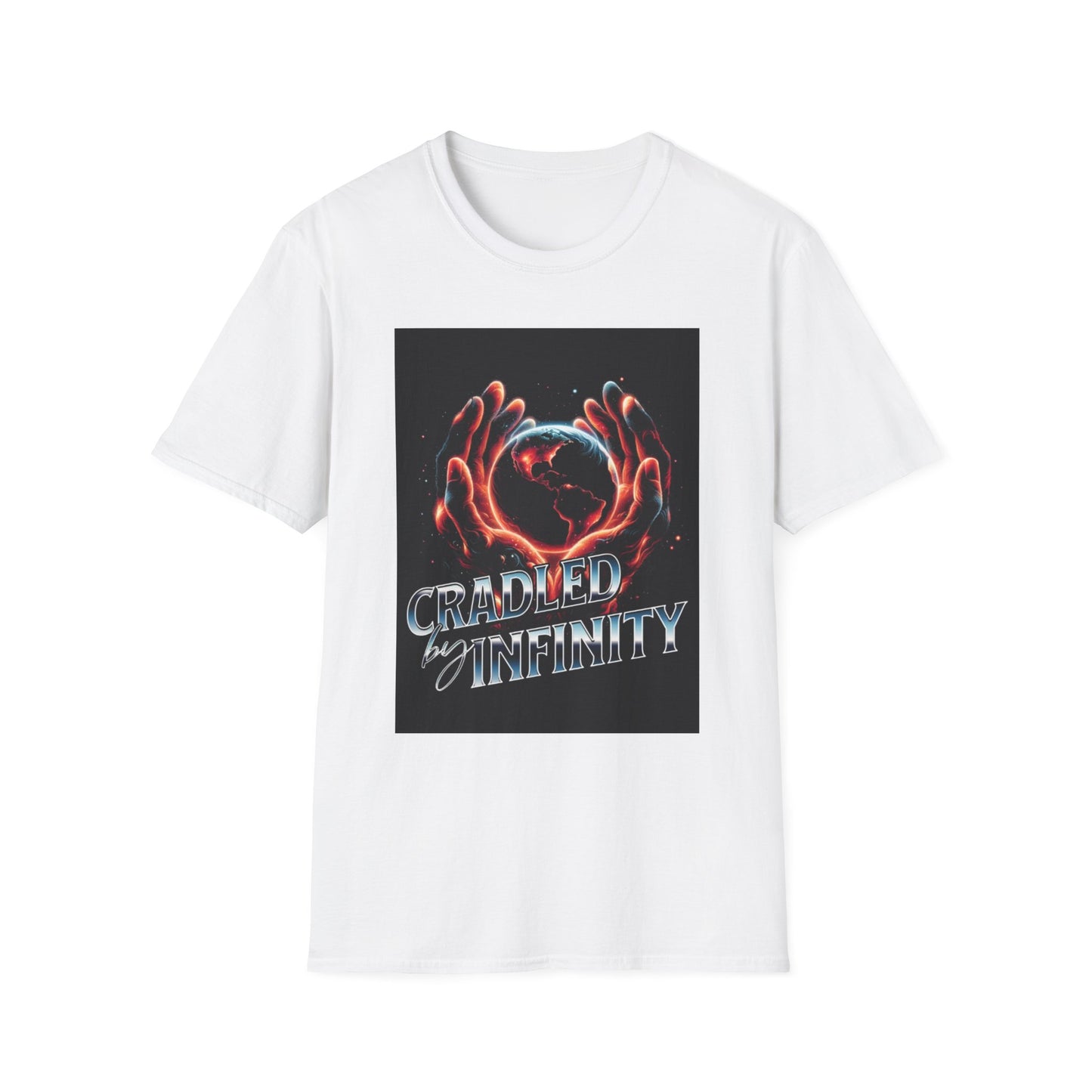 Cradled by Infinity T-Shirt, Cosmic Graphic Tee, Unisex Softstyle Shirt, Gift for Space Lovers, Fun Casual Wear, Summer Outfit