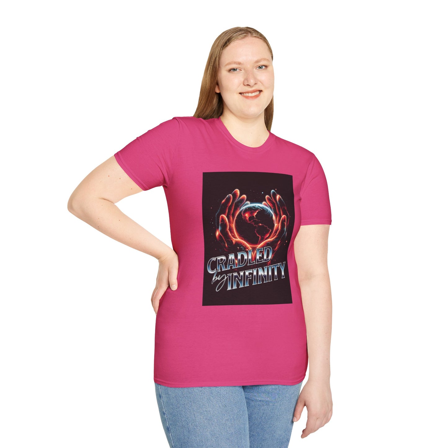 Cradled by Infinity T-Shirt, Cosmic Graphic Tee, Unisex Softstyle Shirt, Gift for Space Lovers, Fun Casual Wear, Summer Outfit