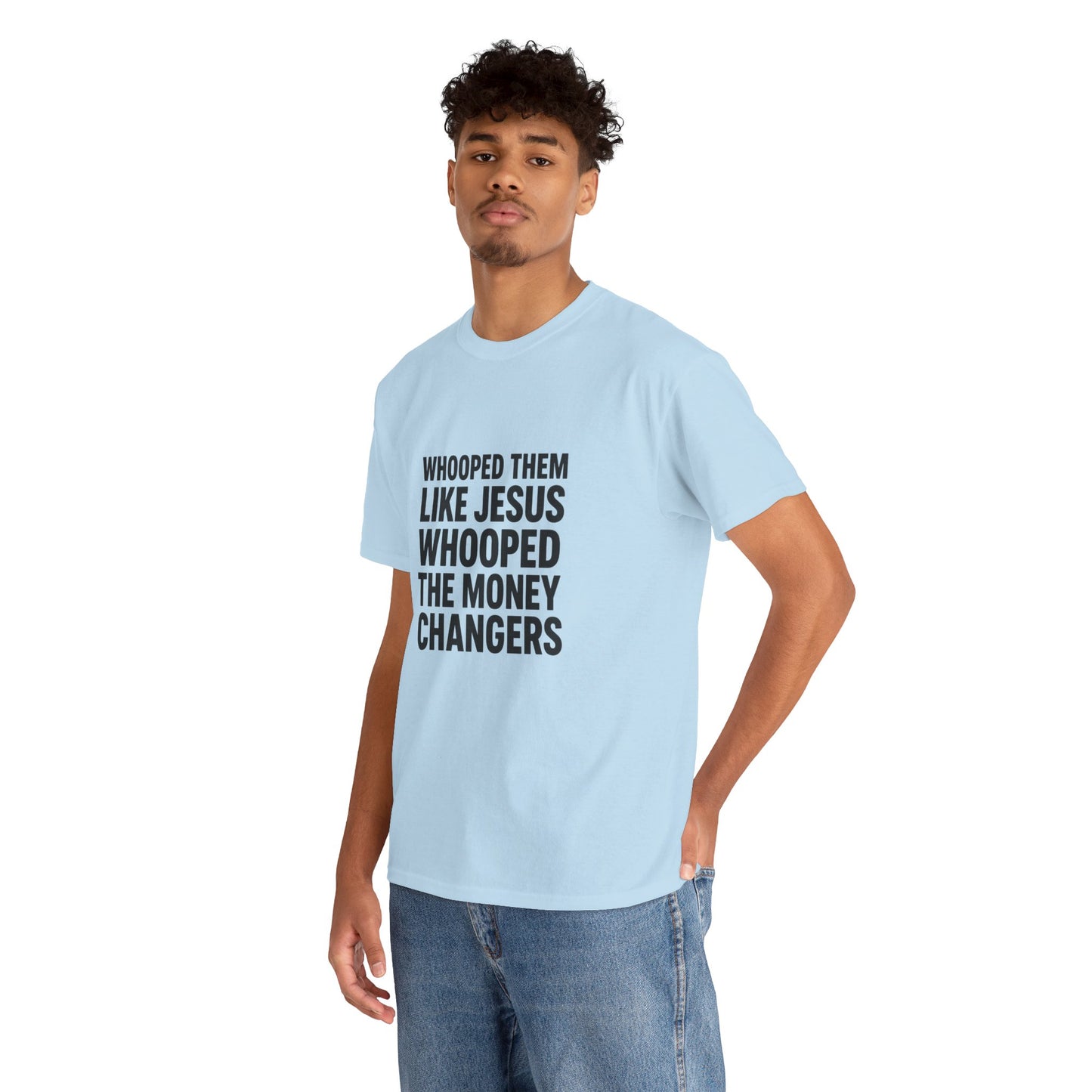 Biblical Humor Tee: Whooped Them Like Jesus - Funny Unisex Cotton T-Shirt for Bible Lovers, Gifts, Easter, Church Events, Casual Wear