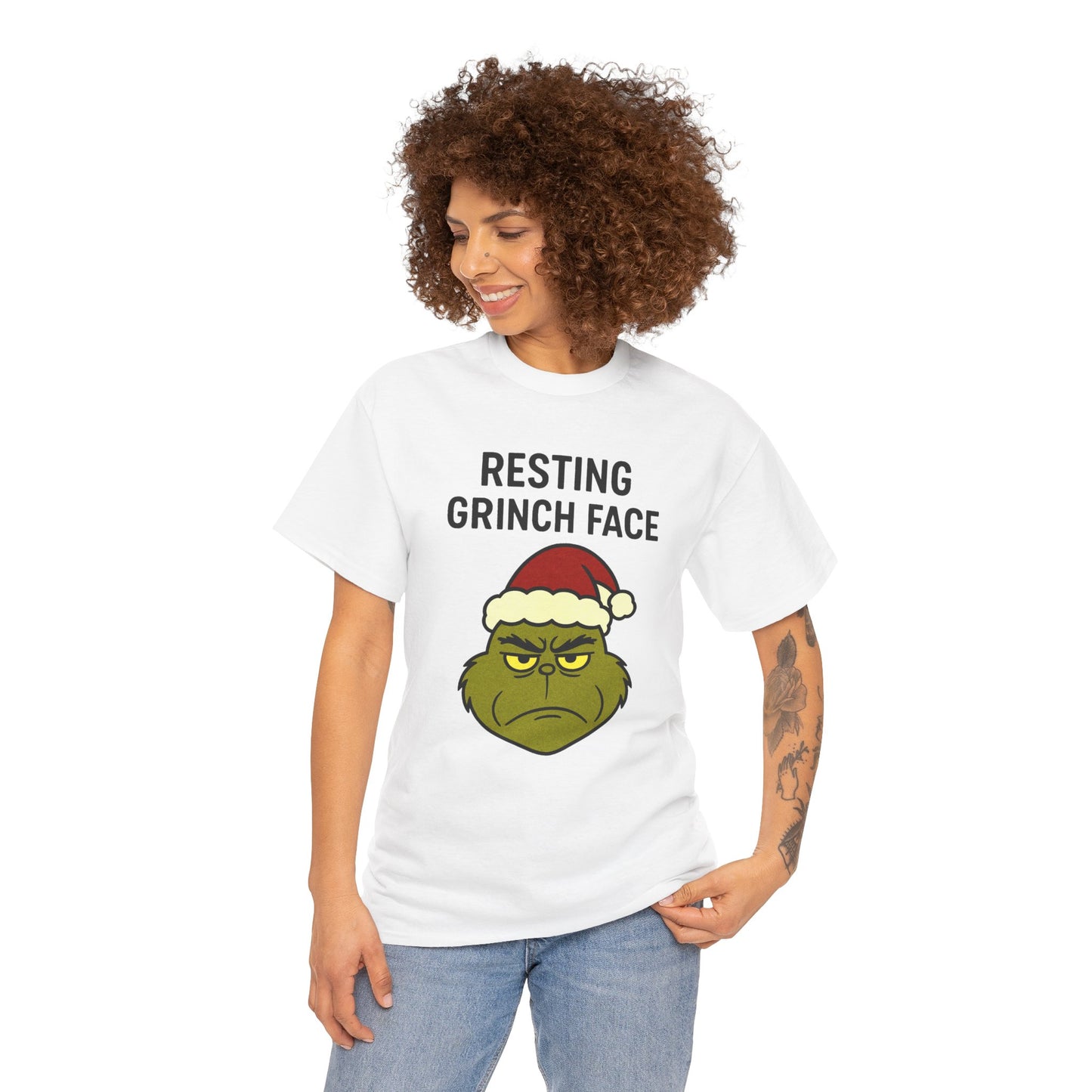 Resting Grinch Face Unisex Heavy Cotton Tee - Perfect Holiday Humor Shirt